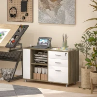 HOMCOM Mueble Archivador con Ruedas 3 Cajones Estación de Carga Cerradura y Estantes 100x40x65,5 cm Marrón Grisáceo(m-10)