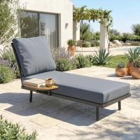 Outsunny Chaise Longue de Jardin avec Coussins Lavables en Oléfine et Étagère Latérale, Cadre en Métal, 58x137x75cm, Gris(m-10)