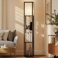 HOMCOM Lampă LED de podea cu rafturi, dimabilă, întrerupător cu lanț & prize, neagră(m-6)