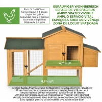PawHut Cote din Lemn cu Casuta pentru Gaini, Spatiu Deschis si Plasa, 168x75x103 cm(m-4)