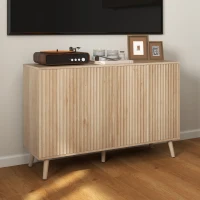 HOMCOM Buffet salon, meuble de rangement avec 4 portes cannelés à ouverture par pression 120 x 35 x 77,5 cm, chêne(m-2)