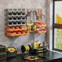 DURHAND Estantería de Pared para Herramientas 95x54 cm con 28 Cajas Apilables y Diferentes Ganchos Gris y Naranja(m-10)