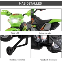 HOMCOM Moto Eléctrica para Niños con Ruedas de Apoyo Desmontables Faros y Música para Niños 3-6 Años Verde(m-4)