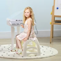 AIYAPLAY Juego de Piano Infantil de 32 Teclas con Micrófono Taburete Luces 22 Canciones y 4 Sonidos 37x30,5x60,4 cm Blanco(m-10)