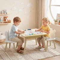 AIYAPLAY Kindertisch mit 2 Stühlen, Kindersitzgruppe mit Stauraum bärförmiger Rückenlehne für 3-6 Jahre Kinder, Naturholz(m-10)