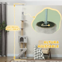 PawHut Árbol para Gatos de Suelo a Techo de 225-255 cm con Altura Ajustable Múltiples Plataformas Escalera Bola Colgante Gris(m-4)
