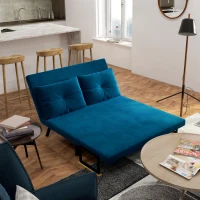 HOMCOM Canapé convertible 2 places avec dossier réglable à 5 niveaux et 2 coussins rembourrés, revêtement effet velours, bleu(m-10)