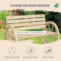 Outsunny Banc de Jardin banc 3 places en bois Style Rustique Chic accoudoirs Roues Charette Bois Sapin effet bois naturel(m-4)
