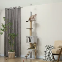 PawHut Árbol para Gatos de Suelo a Techo de 225-255 cm con Altura Ajustable Múltiples Plataformas Escalera Bola Colgante Gris(m-10)