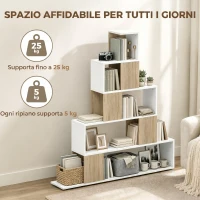 HOMCOM Libreria Moderna a 5 Ripiani con Design a Gradini, 120x22x131.5 cm, Bianco e Legno(m-6)