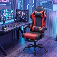 HOMCOM Silla Gamer con Lumbar Masaje Vibración Reclinable 155° Altura Ajustable Reposacabezas y Reposapiés Retráctil Rojo(m-10)
