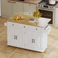 Ilha de cozinha com tampo rebatível, 4 portas, 3 gavetas, suportes duplos para toalhas, design estilo celeiro, 140x43/70x90,5 cm, Branco+Cor natural(m-8)