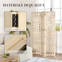 HOMCOM Paravento da Interno a 3 Pannelli Pieghevole e Separabile in Legno, Design a Foglie, 120x170 cm, Colore Legno(m-7)