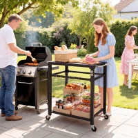 Outsunny Desserte jardin chariot de barbecue sur roulettes avec crochets, poignées, roulettes verrouillables, 90,5x55x88 cm, noir(m-10)