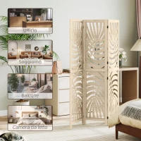 HOMCOM Paravento da Interno a 3 Pannelli Pieghevole e Separabile in Legno, Design a Foglie, 120x170 cm, Colore Legno(m-8)