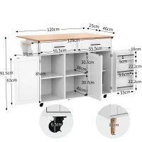 Grande ilha de cozinha com tampo extensível dobrável, 5 rodízios (2 com travão) , 129x46/71x91,5 cm, Branco+Cor natural(m-3)