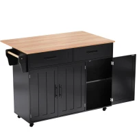 Ilha de cozinha com 5 rodízios, tampo dobrável extensível, 129x46/71x91,5 cm, Preto+Cor natural(m-1)