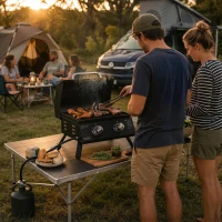 Outsunny 2 Burner Gas BBQ Grill, 5.8 kW Outdoor Portable Folding Tabletop Barbecue w/ Lid, Thermometer, Carbon Steel, Black(m-2)