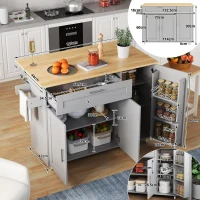 Mesa de cozinha móvel com tampo de trabalho dobrável, gaveta, prateleira para especiarias, suporte para toalhas, 132,5x44/70x90 cm, Cinzento(m-3)