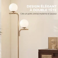 HOMCOM Lampadaire sur Pied Salon à Double Tête, Lampe sur Pied avec 3 Températures de Lumière, Abat-Jour en Verre, Doré(m-4)