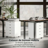 HOMCOM Caisson bureau mobile avec 5 tiroirs, meuble rangement bureau à roulettes pour documents A3/Lettre/A4, blanc(m-8)