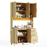 Móvel de cozinha com acabamento em rattan trançado e puxadores metálicos dourados, luzes LED decorativas, 100x40x183 cm, Cor natural(m-10)