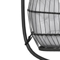 Outsunny Fauteuil Œuf Suspendu Pliable avec Support Coussin 15cm et Appui-tête Gain de Place Résine Tressée 101x105x196cm Gris(m-12)