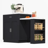 Ilha de cozinha com mesa de jantar extensível, armário de arrumação, 2 gavetas, 2 prateleiras laterais abertas, 211x55x89,5 cm, Preto(m-8)