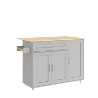 Mesa de cozinha móvel com tampo de trabalho dobrável, gaveta, prateleira para especiarias, suporte para toalhas, 132,5x44/70x90 cm, Cinzento(m-9)
