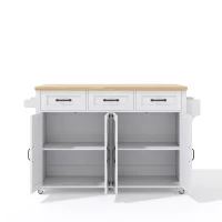 Ilha de cozinha com bancada rebatível, 4 portas, 3 gavetas, suportes duplos para toalhas, design estilo celeiro, 140x43/70x90,5 cm, Branco+Cor natural(m-11)