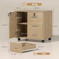 HOMCOM Rollcontainer Büro Aufbewahrungsmöbel abschließbar mit 3 Schubladen und verstellbarem Einlegeboden, Rollen, 40 x 60 x 56 cm, hellbraun(m-3)