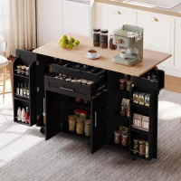 Ilha de cozinha móvel com gaveta oculta para talheres, prateleiras reguláveis, prateleira para especiarias e suporte para toalhas, 136x45/70x92 cm, Preto+Cor natural(m-2)