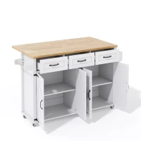 Ilha de cozinha com bancada rebatível, 4 portas, 3 gavetas, suportes duplos para toalhas, design estilo celeiro, 140x43/70x90,5 cm, Branco+Cor natural(m-12)