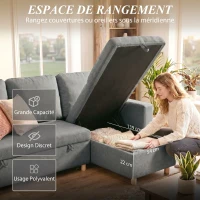 HOMCOM Canapé d'angle convertible canapé lit canapé 3 places modulable avec méridienne réversible, coffre de rangement intégré et 3 coussins de dossier, tissu aspect lin, gris(m-6)