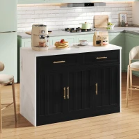 Ilha de cozinha com balcão de bar, com 2 gavetas e 3 portas, puxadores metálicos, suporte para toalhas, 120x60x91 cm, Preto(m-6)