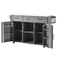 Grande ilha de cozinha com 3 gavetas, portas de arrumação, prateleiras ajustáveis e suporte para toalhas, 139x46/71x91,5 cm, Cinzento(m-1)