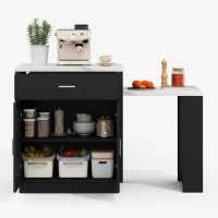 Ilha de cozinha com mesa de jantar extensível, armário de arrumação, 2 gavetas, 2 prateleiras laterais abertas, 211x55x89,5 cm, Preto(m-9)