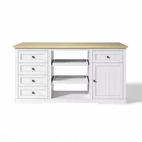 Ilha de cozinha com tampo extensível dobrável, 5 gavetas e 2 prateleiras extraíveis, 150x45/65x75,5 cm, Branco(m-11)