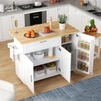 Mesa de cozinha móvel com tampo de trabalho dobrável, gaveta, prateleira para especiarias, suporte para toalhas, 132,5x44/70x90 cm, Branco+Cor natural(m-6)