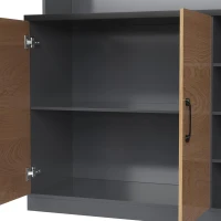 Highboard de cozinha, compartimento de vidro reforçado e iluminação ambiente LED, prateleiras laterais reguláveis em altura100x47x187 cm, Cor natural(m-10)