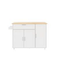 Mesa de cozinha móvel com tampo de trabalho dobrável, gaveta, prateleira para especiarias, suporte para toalhas, 132,5x44/70x90 cm, Branco+Cor natural(m-1)