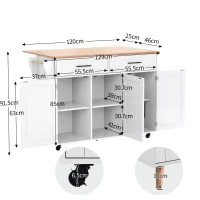 Ilha de cozinha com 5 rodízios, tampo dobrável extensível, 129x46/71x91,5 cm, Branco+Cor natural(m-3)