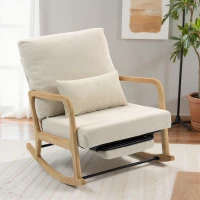 HOMCOM Silla Mecedora Nórdica con Reposapiés Respaldo Ajustable Mecedora de Pana Patas de Madera y Reposabrazos Cojín Crema(m-10)