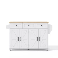 Ilha de cozinha com tampo rebatível, 4 portas, 3 gavetas, suportes duplos para toalhas, design estilo celeiro, 140x43/70x90,5 cm, Branco+Cor natural(m-10)