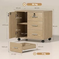 HOMCOM Corp de birou încuietor cu 3 sertare și raft reglabil, roți, 40 x 60 x 56 cm, maro deschis(m-3)