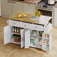 Ilha de cozinha com tampo rebatível, 4 portas, 3 gavetas, suportes duplos para toalhas, design estilo celeiro, 140x43/70x90,5 cm, Branco+Cor natural(m-7)