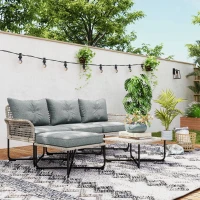Outsunny Conjunto de Jardín de Ratán Sintético con Sofá de Exterior de 4 Módulos y 1 Mesa de Centro y Cojines Gris(m-10)