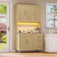 Móvel de cozinha com acabamento em rattan trançado e puxadores metálicos dourados, luzes LED decorativas, 100x40x183 cm, Cor natural(m-5)