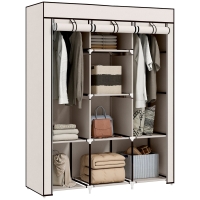 HOMCOM Armario de Tela Plegable Ropero Portátil con 8 Estantes y 2 Barras de Colgar para Dormitorio 125x43x162,5 cm Crema