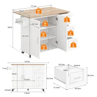 Grande ilha de cozinha móvel,design dobrável, armário multifuncional com 3 gavetas, suporte para toalhas, 137x43/76x92 cm, Branco(m-3)
